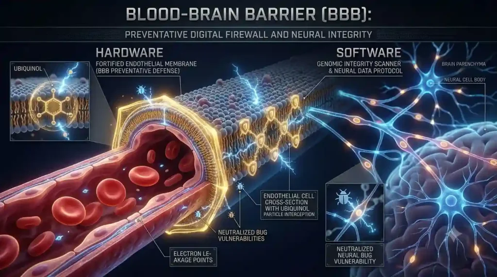 Blood-brain barrier neural firewall diagram representing cognitive security.