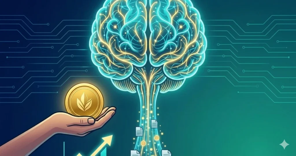 Brain vitamins - A digital illustration of a brilliant, interconnected brain with circuit lines, a hand holding a gold coin, and an upward-pointing arrow graph. A stream of data files rises towards the brain.