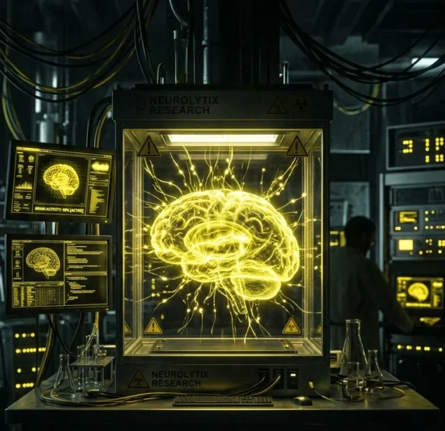 A highly intriguing vertical cover image of a mysterious glowing human brain structure inside a high-tech laboratory, vibrant yellow and black colors, high contrast, dramatic lighting, cinematic style, aspect ratio