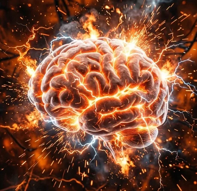 glowing human brain being fried or short-circuiting with sparks, high contrast, vibrant orange and black background, ultra-realistic,