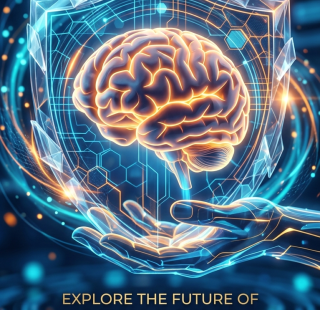 Highly intriguing vertical cover image showing a glowing human brain protected by a futuristic digital shield or crystalline barrier, deep blue and electric orange high contrast colors, cinematic lighting,