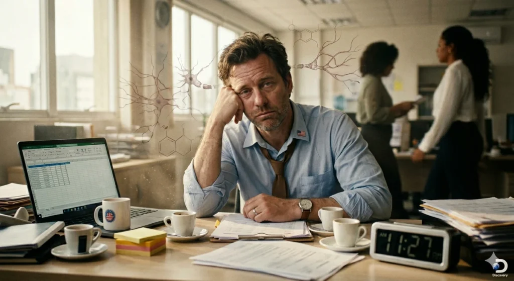 libido and dopamine. An exhausted professional in an office at midday, expressing mental fatigue and dopamine-induced exhaustion. Realistic cinematic style.