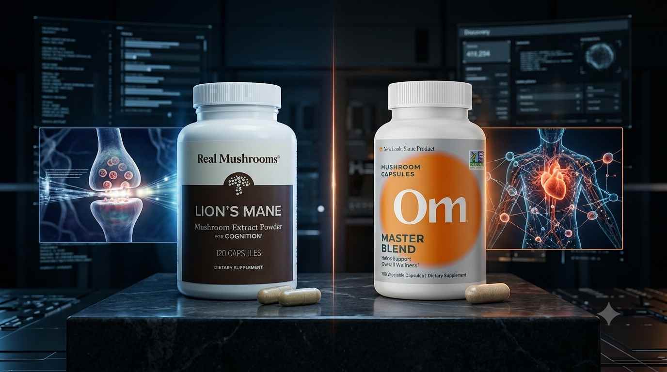 Technical comparison between Real Mushrooms Lion's Mane and Om Mushroom Master Blend