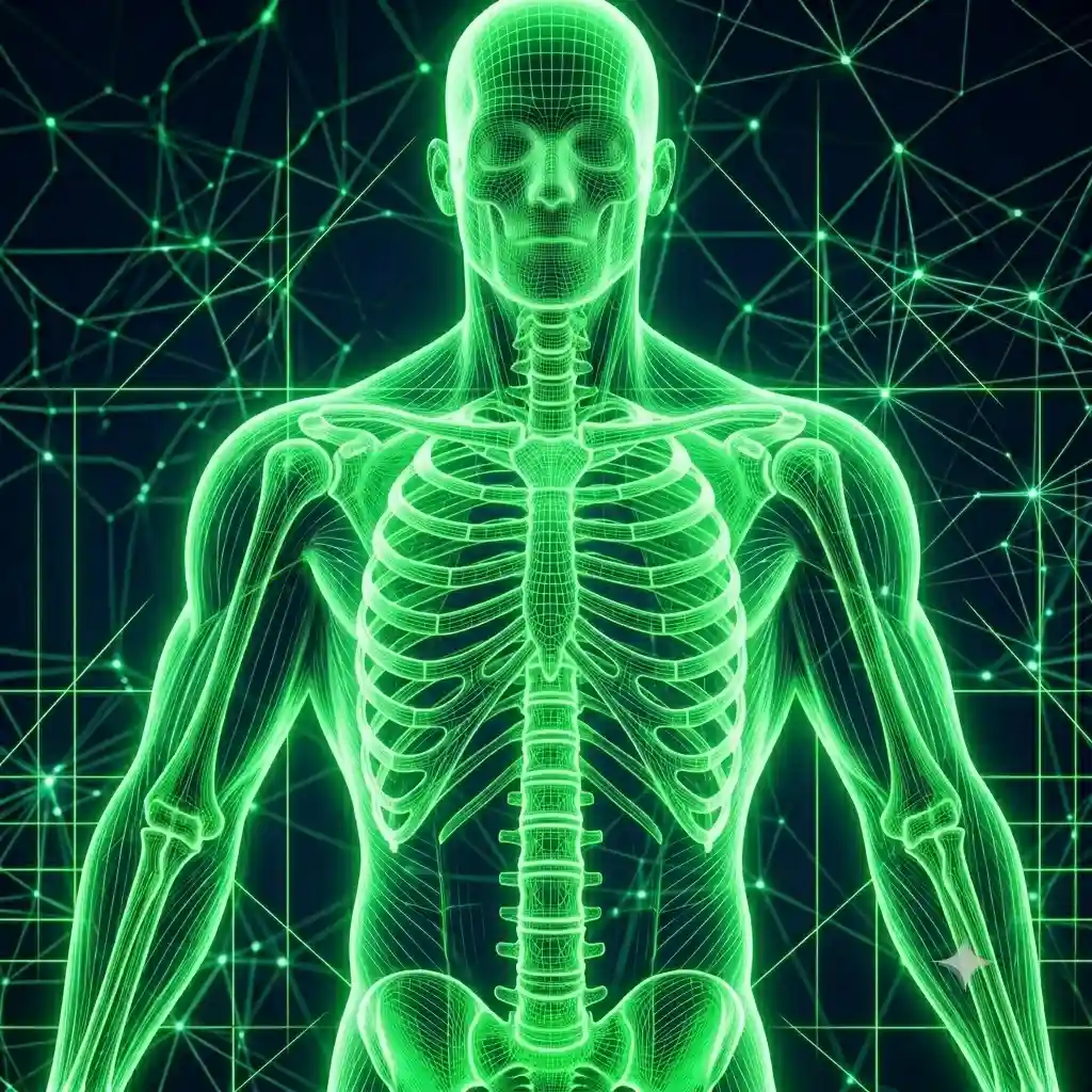 Neon-green digital representation of a human body with a technical wireframe skeletal structure. Structural Performance Protocol