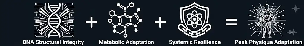 Technical infographic featuring DNA, molecular structure, and shield icons, representing the formula for elite physical adaptation.