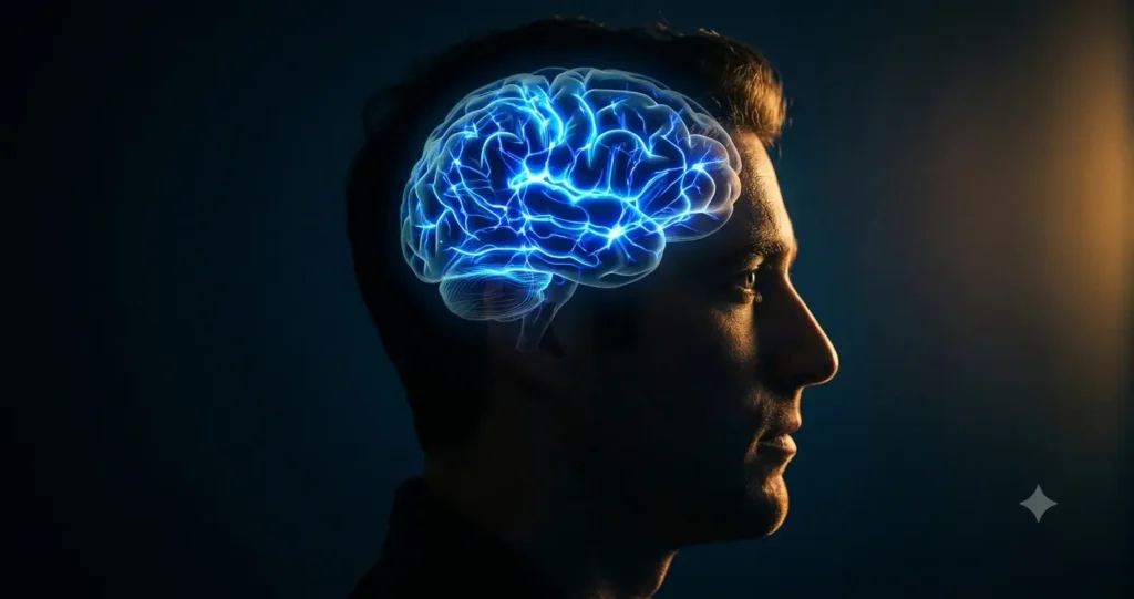 Close-up of a human profile, where the brain is subtly illuminated by an electric neon-blue light emanating from within (representing optimized neural activity).