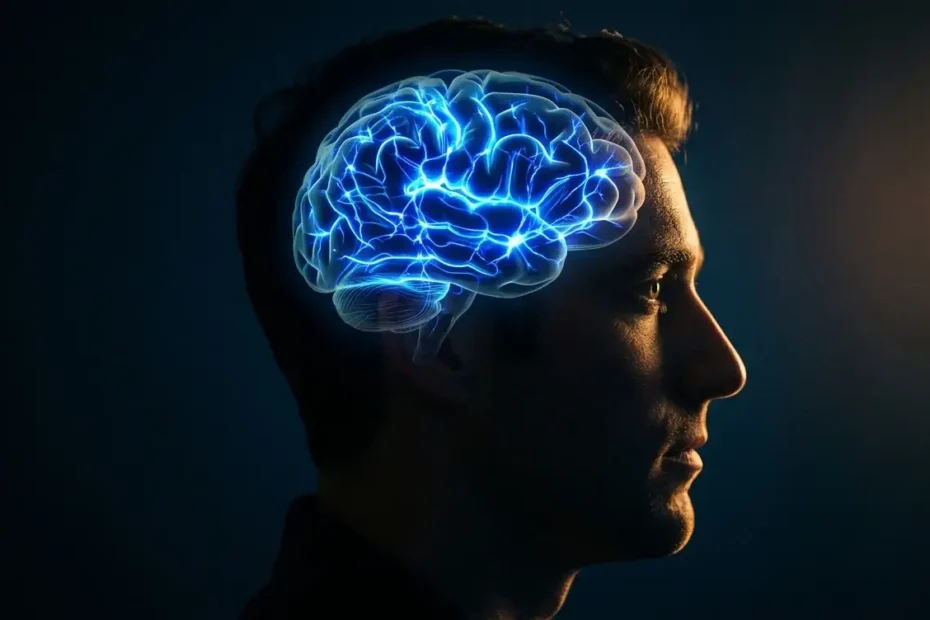 Close-up of a human profile, where the brain is subtly illuminated by an electric neon-blue light emanating from within (representing optimized neural activity).
