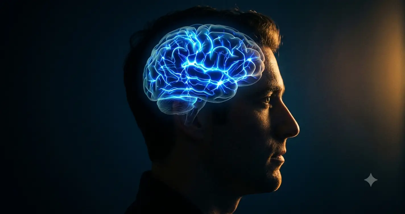 Close-up of a human profile, where the brain is subtly illuminated by an electric neon-blue light emanating from within (representing optimized neural activity).
