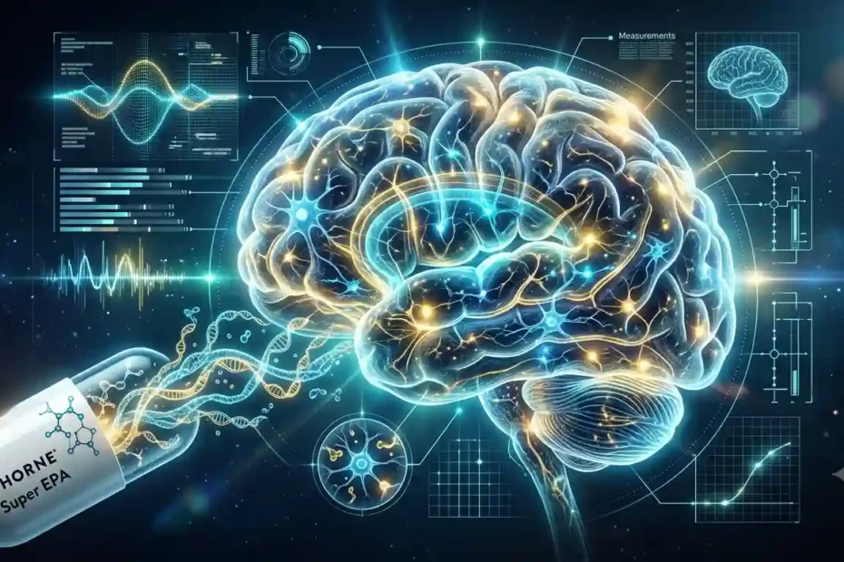 Brain illuminated with audit data and a Thorne Super EPA capsule releasing energy.