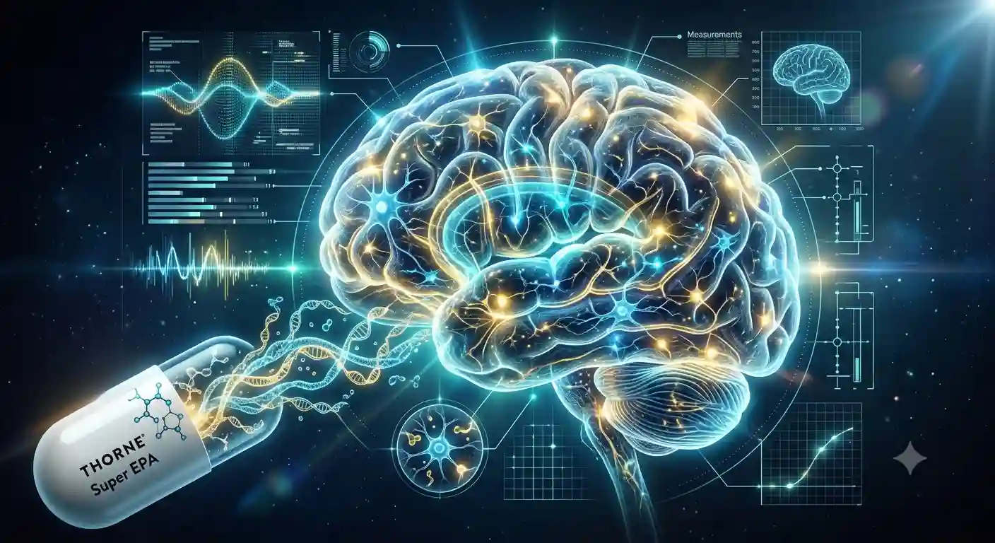 Brain illuminated with audit data and a Thorne Super EPA capsule releasing energy.