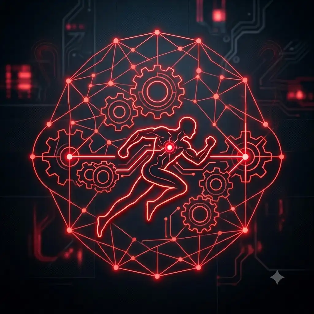 Human Performance Protocol. Neon red illustration of human kinetic energy and gears representing biological optimization.