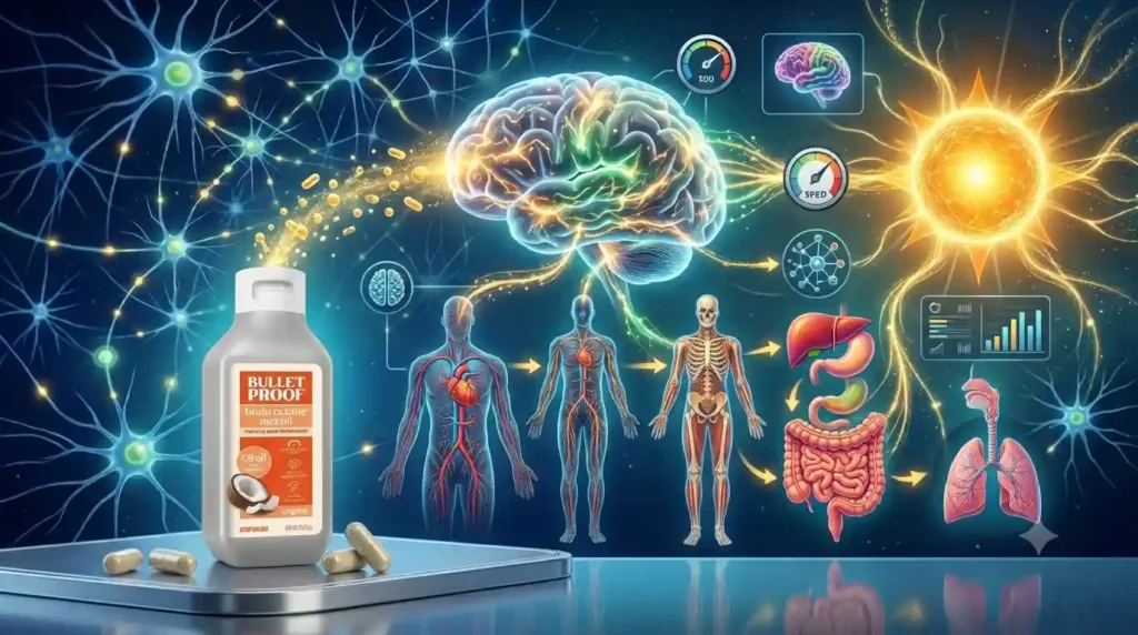 A bottle of Bulletproof Brain Octane C8 MCT oil on a sleek background.
