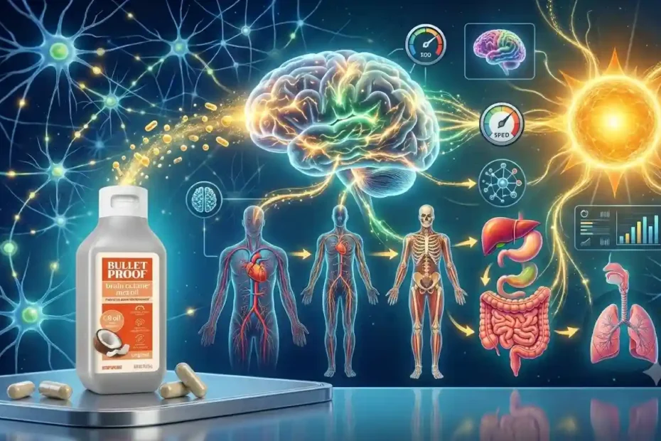 A bottle of Bulletproof Brain Octane C8 MCT oil on a sleek background.