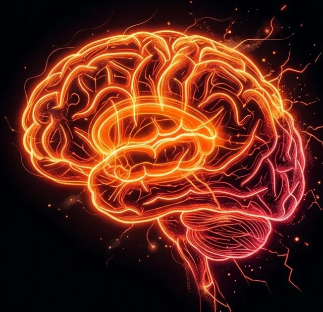 A highly intriguing vertical cover image about brain aging, showing a glowing neon orange and red brain structure on a stark black background,