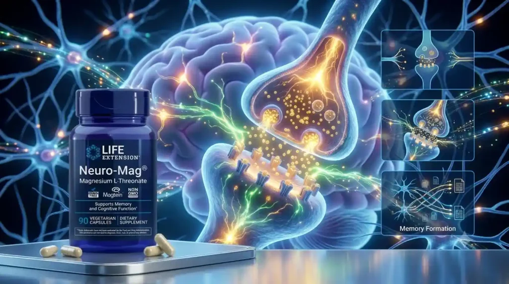 A bottle of Life Extension Neuro-Mag supplements on a shelf, with a complex medical illustration of neurons, synapses, and the brain in the background. Neuro-Mag Magnesium L-Threonate
