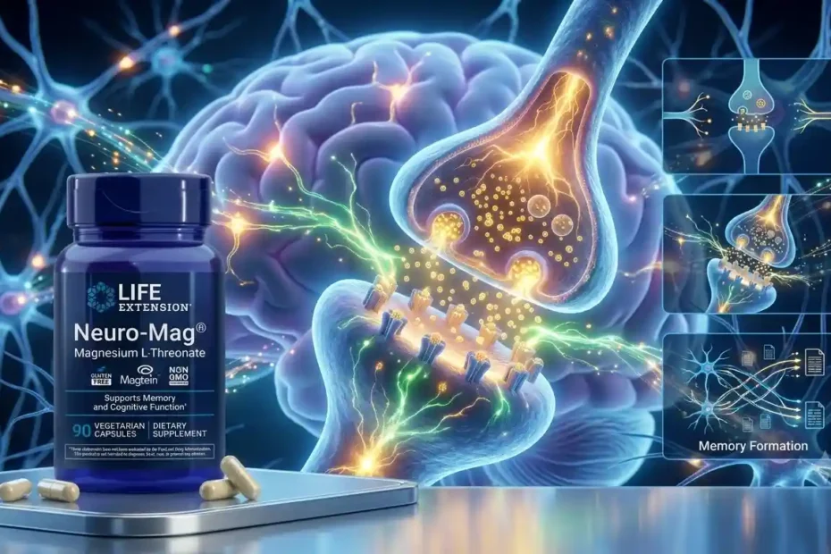 A bottle of Life Extension Neuro-Mag supplements on a shelf, with a complex medical illustration of neurons, synapses, and the brain in the background. Neuro-Mag Magnesium L-Threonate