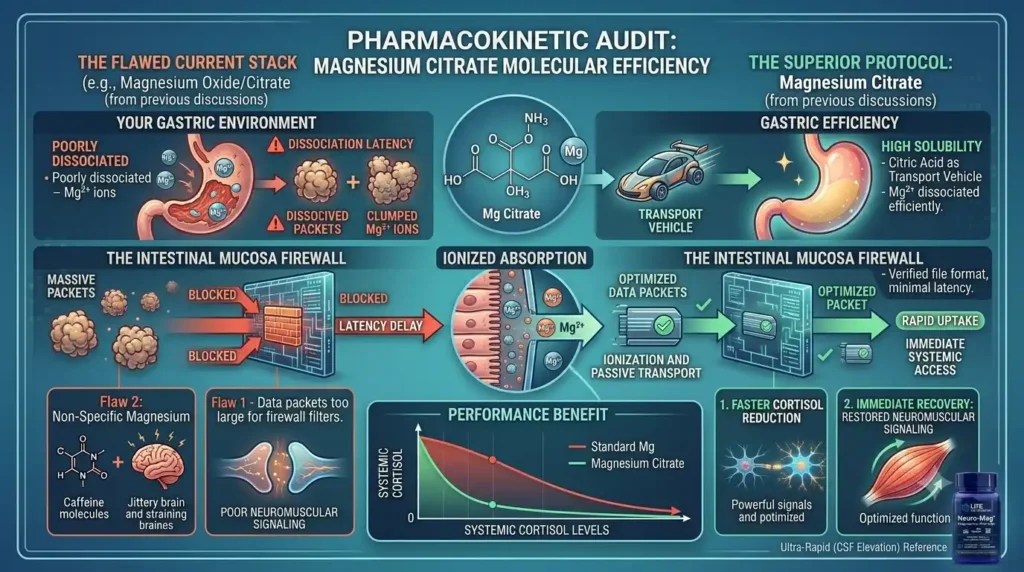 Infographic of magnesium citrate absorption process showing molecular transport and a firewall comparison.