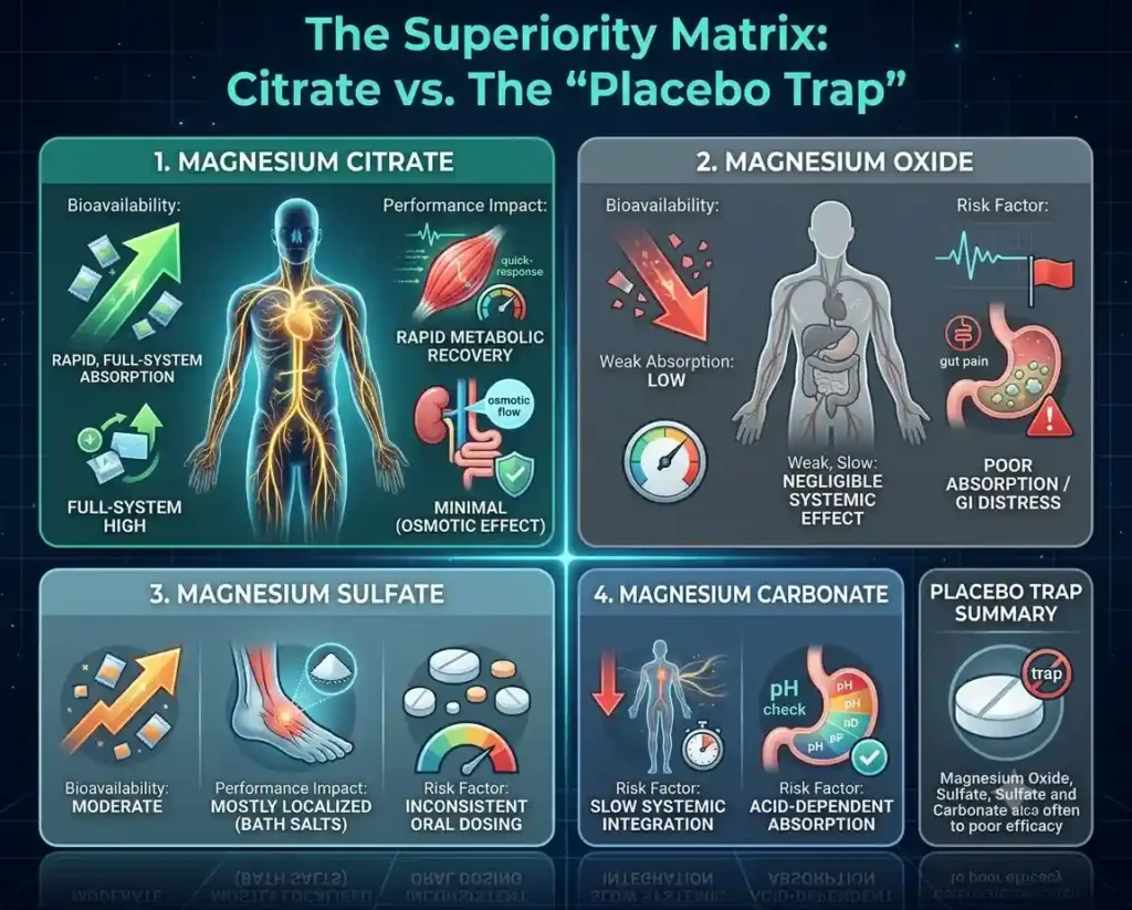 Infographic comparing the bioavailability and efficacy of magnesium citrate versus other forms.