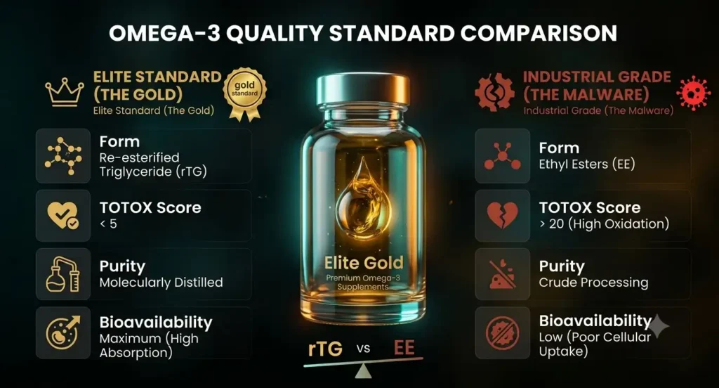 Omega-3 timing , quality comparison chart: rTG elite standard vs EE industrial grade fish oil.