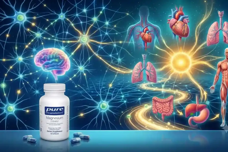 Pure Encapsulations magnesium bottle with body icons.