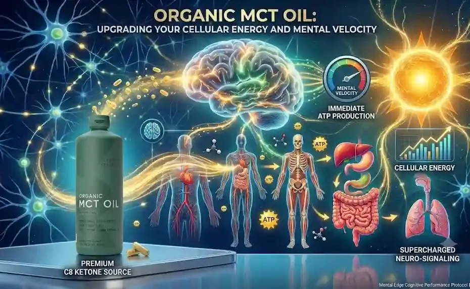 Green bottle of Sports Research Organic MCT Oil next to a brain and body energy infographic.Organic MCT Oil