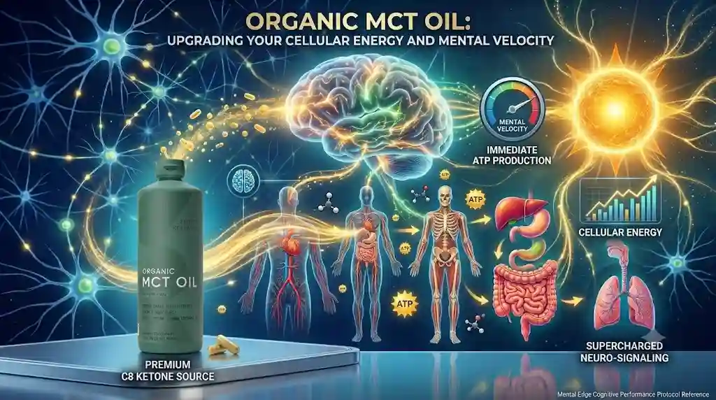 Green bottle of Sports Research Organic MCT Oil next to a brain and body energy infographic.Organic MCT Oil