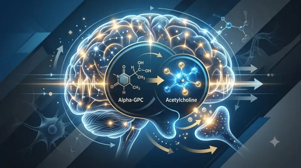 Infographic showing the conversion of Alpha-GPC into acetylcholine, set against a background of an illuminated brain featuring neurons and synapses.