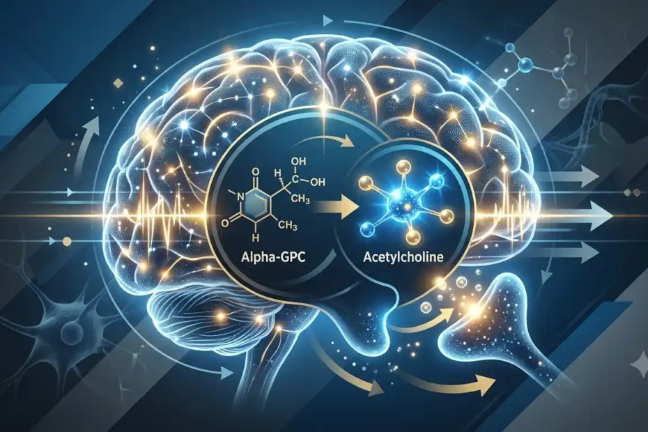 Infographic showing the conversion of Alpha-GPC into acetylcholine, set against a background of an illuminated brain featuring neurons and synapses.