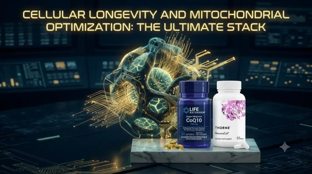 Cellular Longevity Protocol. Professional cinematic photo of a high-tech bioluminescent human cell structure integrated with glowing golden fiber optic circuitry, deep navy and gold color palette, 8k resolution, hyper-realistic, minimalist, engineering concept.