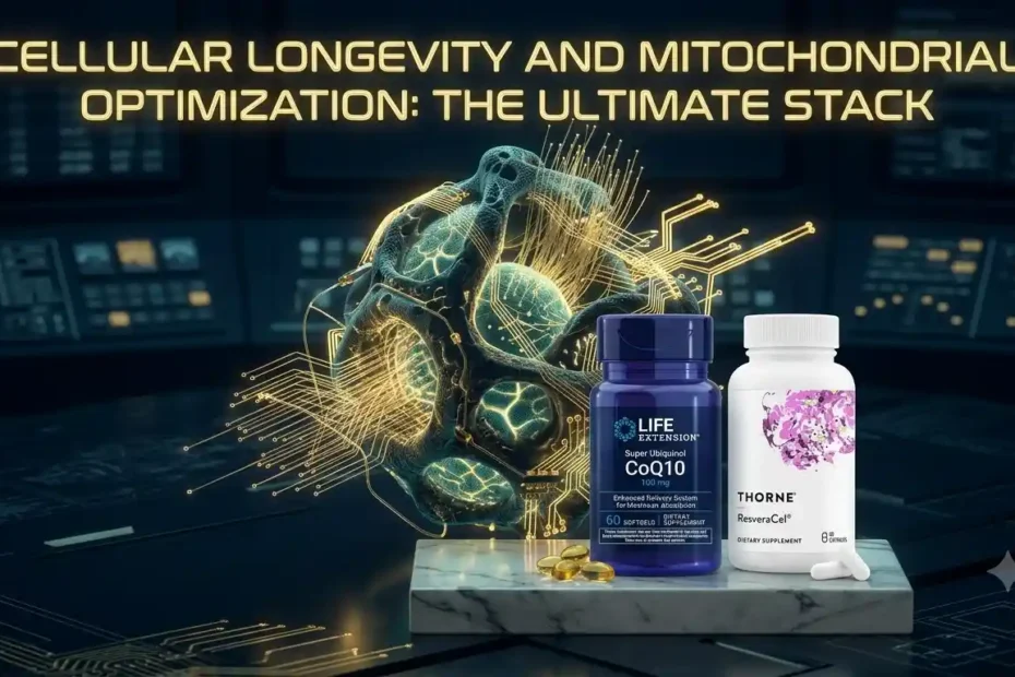 Cellular Longevity Protocol. Professional cinematic photo of a high-tech bioluminescent human cell structure integrated with glowing golden fiber optic circuitry, deep navy and gold color palette, 8k resolution, hyper-realistic, minimalist, engineering concept.