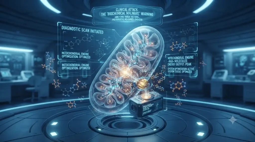 NAD+ precursors.
A high resolution 3D rendering of a mitochondria engine undergoing a diagnostic scan, showing glowing energy particles fueled by NAD+ molecules, symbolizing system optimization.