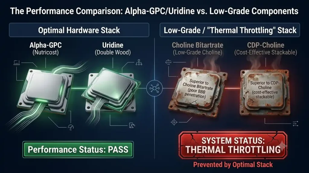 Alpha-GPC and Uridine Stack .Visual comparison between the Alpha-GPC and Uridine performance stack and low-quality supplements.
