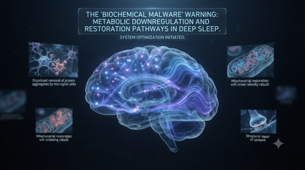 Metabolic Repair, A sophisticated, ultra-realistic visualization of metabolic dominance during deep sleep. A translucent 3D render of a human brain shows hyper-connected synaptic pathways that are 'quieting down', transitioning from chaotic activity into organized, rhythmic firing.