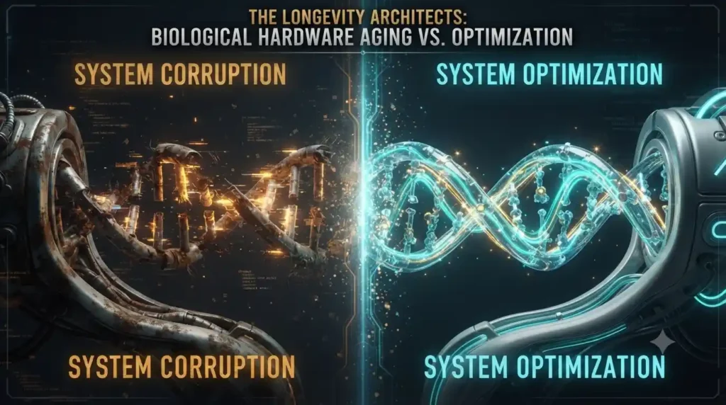 NAD+ precursors. A split-screen concept art illustrating biological hardware aging vs. optimization. On the left side, a decaying, fragmented DNA helix glowing in a dim, glitchy amber light, symbolizing 'stochastic errors' and system corruption. On the right side, the same DNA helix transitioning into a clean, crystalline structure illuminated by vibrant, pulsating cyan and gold bioluminescent currents (representing NAD+ and Sirtuin activation).