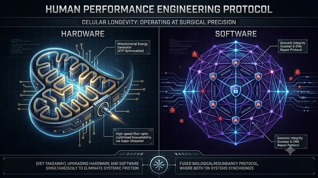 A split-screen minimalist technical diagram. Left side: glowing abstract mitochondria, engine-like, labeled 'Hardware'. Right side: a complex neural-network geometric pattern, labeled 'Software'. Dark mode aesthetic, clean lines, high contrast, professional biotech infographic style."