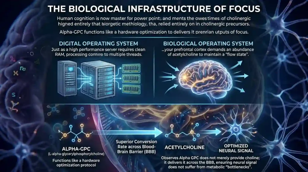 Alpha-GPC acetylcholine mechanism , Infographic comparing a digital server (RAM) to the brain (acetylcholine), showing the flow of Alpha-GPC optimizing the neural signal.
