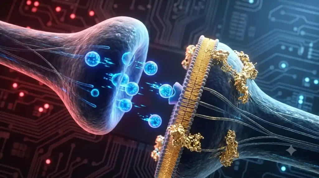 Technical rendering of a neural synapse showing neurotransmitters and high-speed membrane repair.