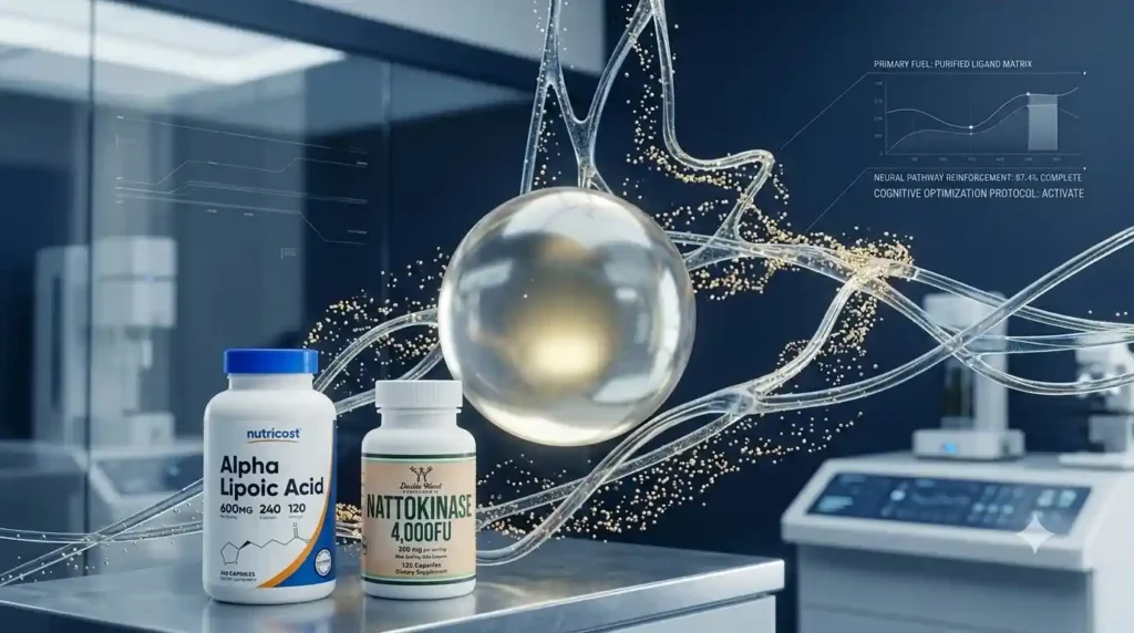 Alpha-GPC and Uridine Stack. A technology-style infographic showing Thorne's Super EPA optimizing neural pathways in the human brain.