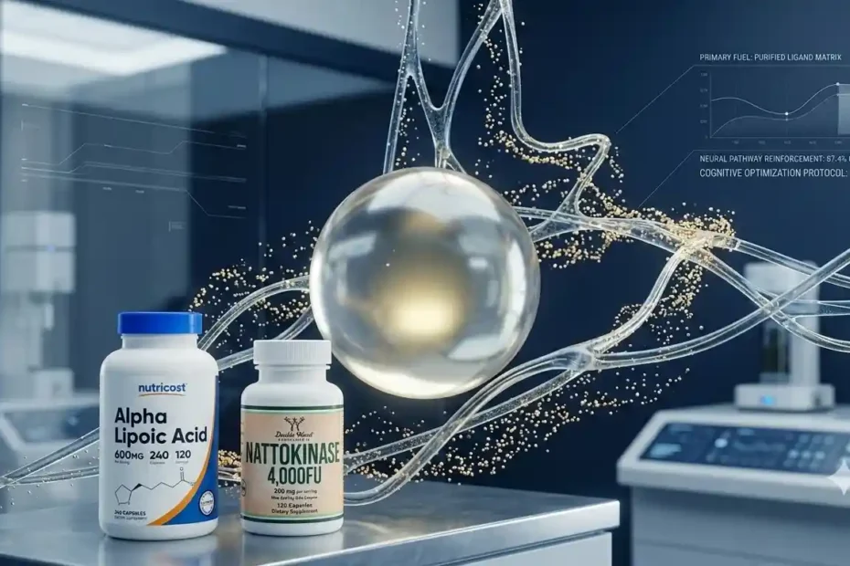 Alpha-GPC and Uridine Stack. A technology-style infographic showing Thorne's Super EPA optimizing neural pathways in the human brain.