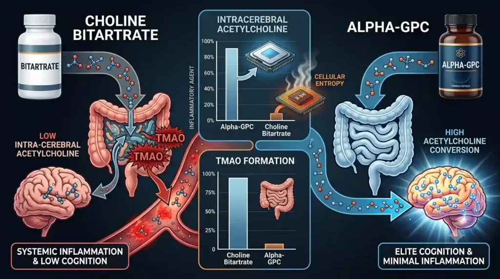 Infographic comparing Choline Bitartrate causing TMAO and inflammation with Alpha-GPC delivering high acetylcholine for elite cognition.