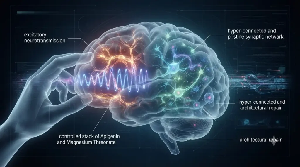 A technical, translucent 3D visualization of a human brain. An ethereal hand modulates chaotic excitatory neural activity (red/amber) into a calm, organized state (blue/cyan), symbolizing metabolic control.