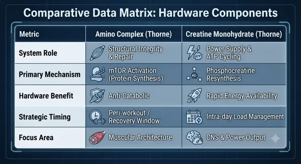 Comparative Data Matrix technical table: Hardware Components.png comparing Thorne's Amino Complex and Creatine Monohydrate by role, mechanism, and benefit.
