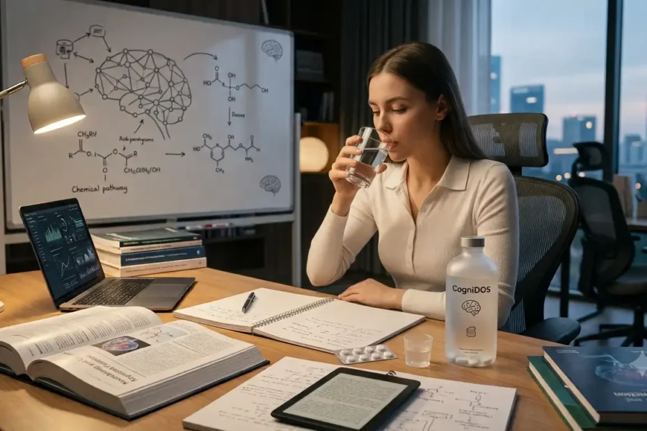 A woman drinks water at a study desk with open books, a laptop, and a bottle of CogniDOS, focused on eliminating mental fatigue.