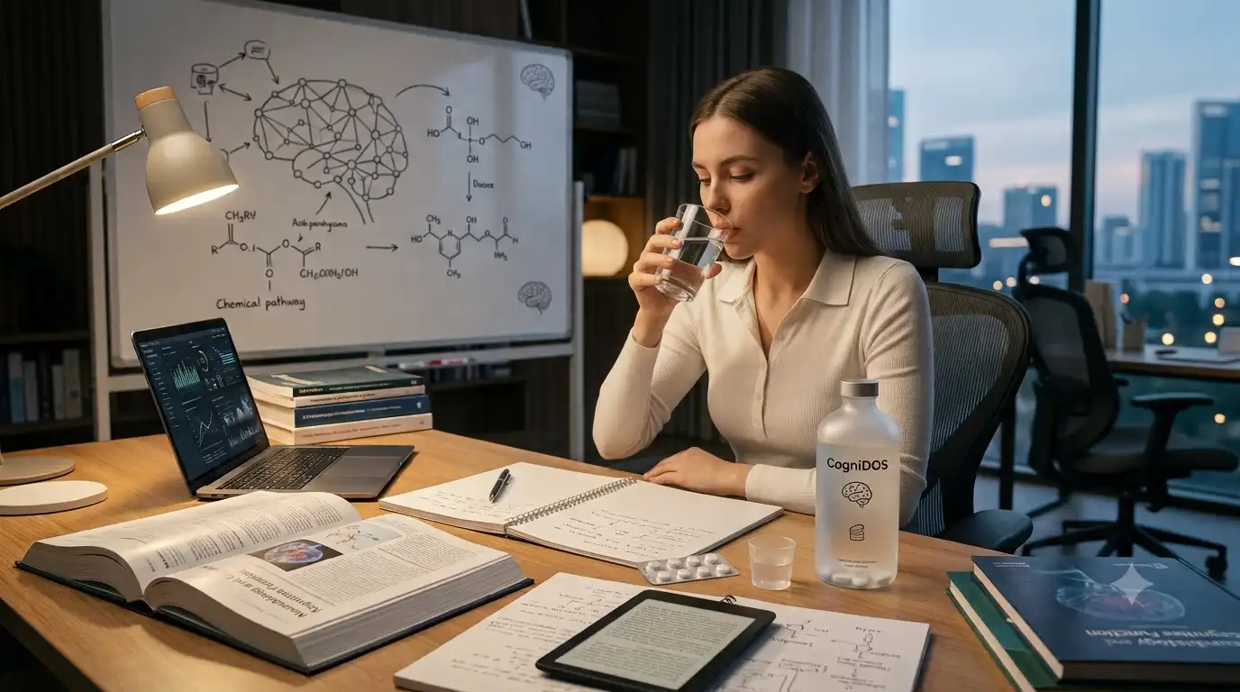 A woman drinks water at a study desk with open books, a laptop, and a bottle of CogniDOS, focused on eliminating mental fatigue.