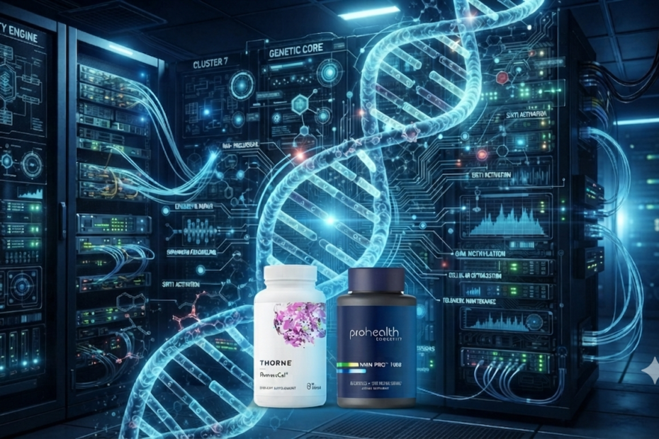 NAD+ Precursors. A high tech digital blueprint of a DNA helix overlaying a server rack, symbolizing biological system architecture and cellular longevity.
