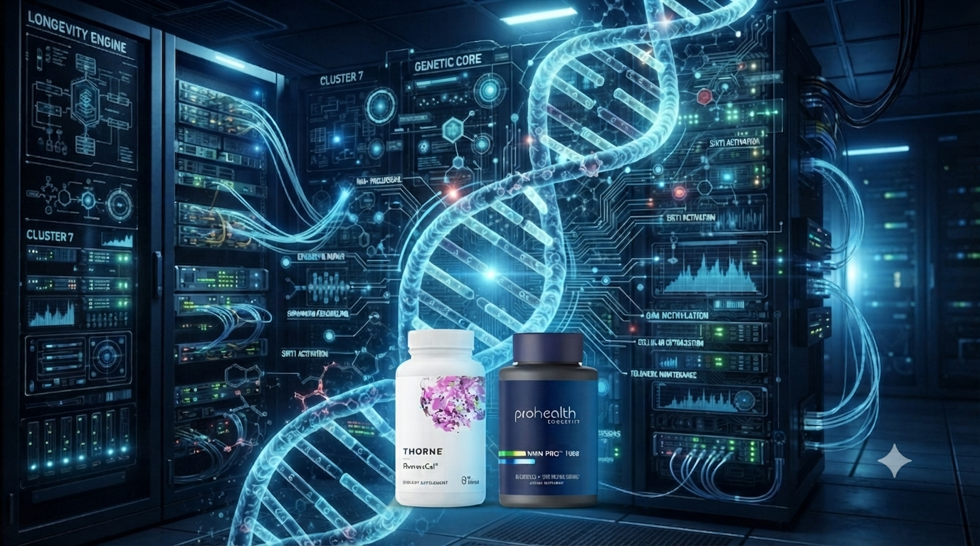 NAD+ Precursors. A high tech digital blueprint of a DNA helix overlaying a server rack, symbolizing biological system architecture and cellular longevity.