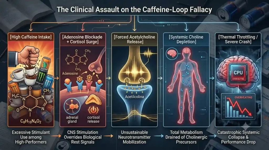 Infographic mapping the caffeine-loop fallacy: how excessive stimulants cause systemic choline depletion and cognitive thermal throttling.