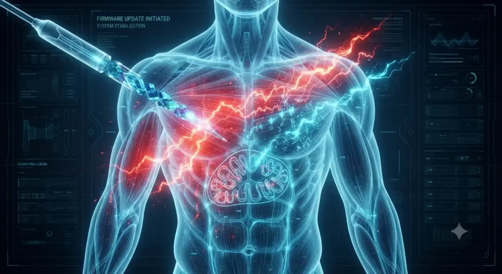 The Metabolic Architecture_ Thorne Amino Complex vs Creatine . Technical visualization of biological firmware correction: HUD interface on a human torso restoring protein synthesis and ATP via precision supplementation.
