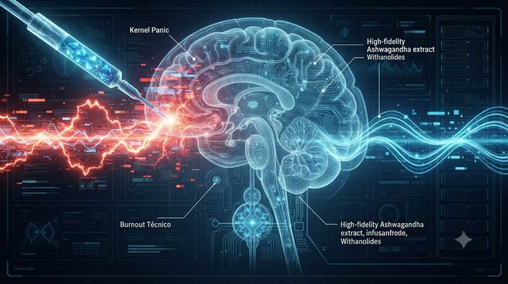 ashwagandha-ksm-66-vs-nutricost. A cinematic, ultra-realistic conceptual visualization representing the 'firmware update' of human biological hardware by high-fidelity Ashwagandha, rendered in a cyber-biological engineering style. The central focus is a translucent, glowing 3D schematic of the human brain and endocrine system (HPA axis), depicted as a complex network of biological pathways integrated with digital data streams and circuit board patterns.