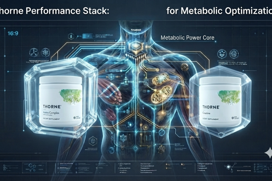 Thorne Performance Stack. Technical visualization in cyber-biological engineering: human torso with a HUD interface highlighting jars of Thorne Amino Complex and Creatine Monohydrate for metabolic optimization.